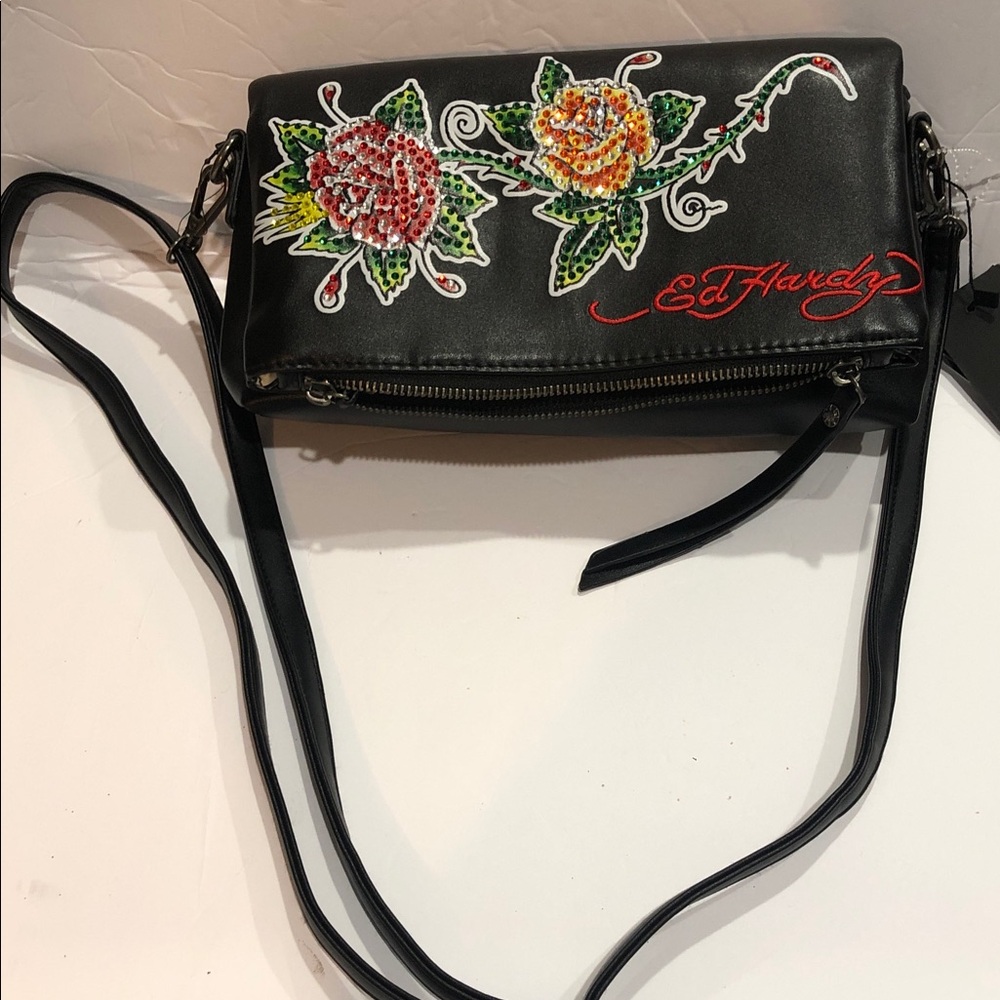 Ed Hardy black and floral rhinestones studded oldover crossbody bag brand new
